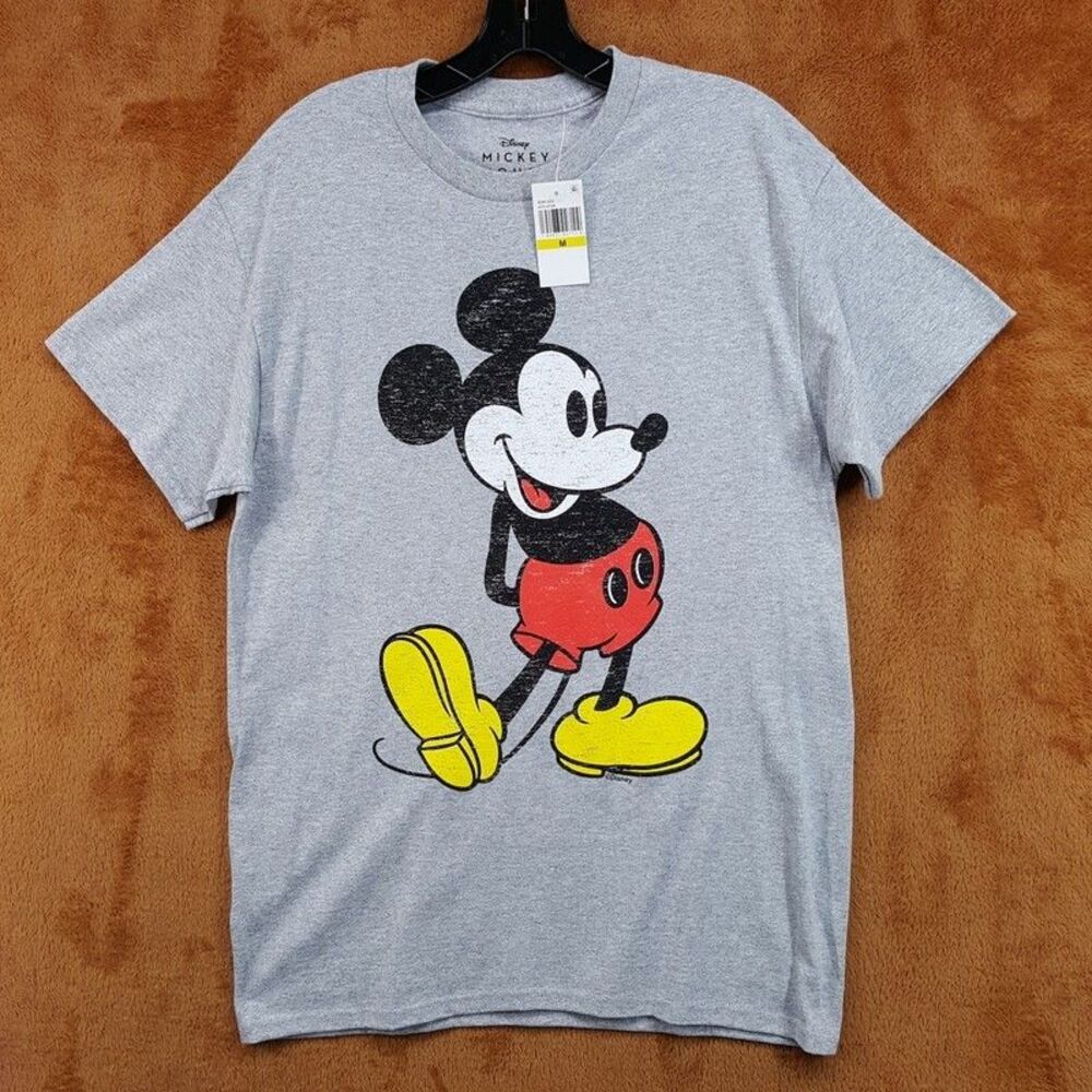 DISNEY Mickey Mouse Mens Medium Gray Graphic Pullover Crew T-Shirt Tee